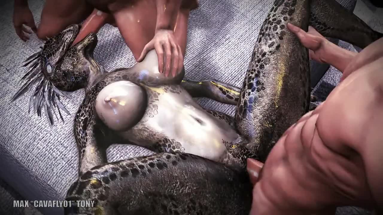 Weird lizard beast gets double penetrated by two human cocks