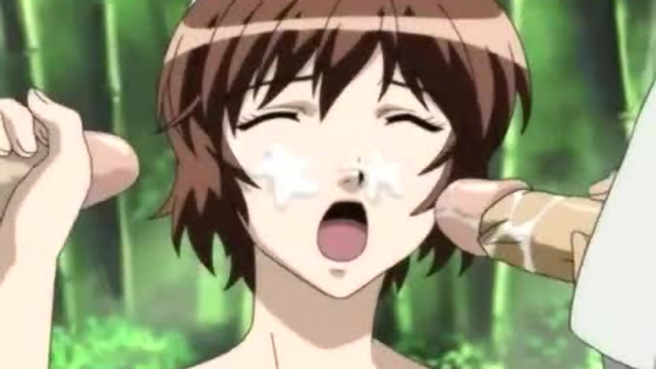 Anime brown haired girl gets a facial from two cocks at the sametime