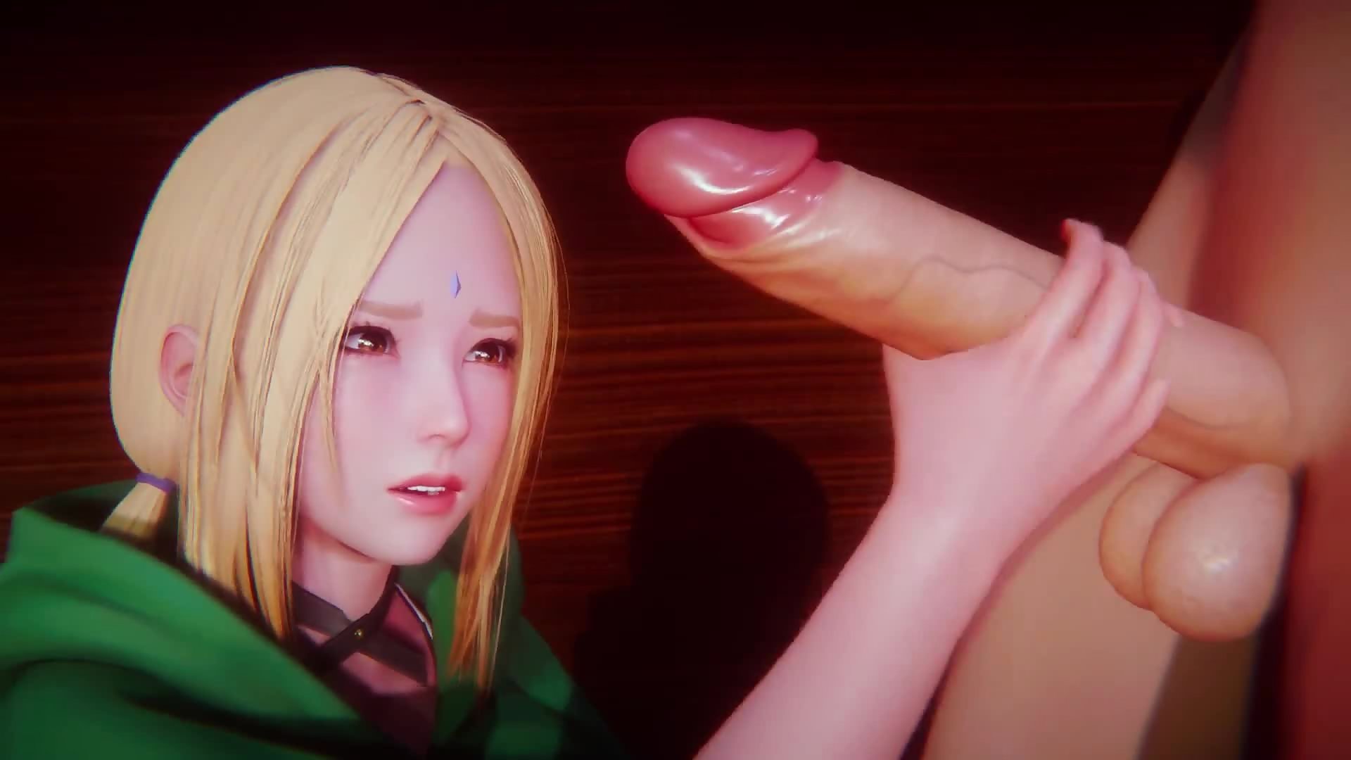 Busty Tsunade gets on her knees and sucks a big cock